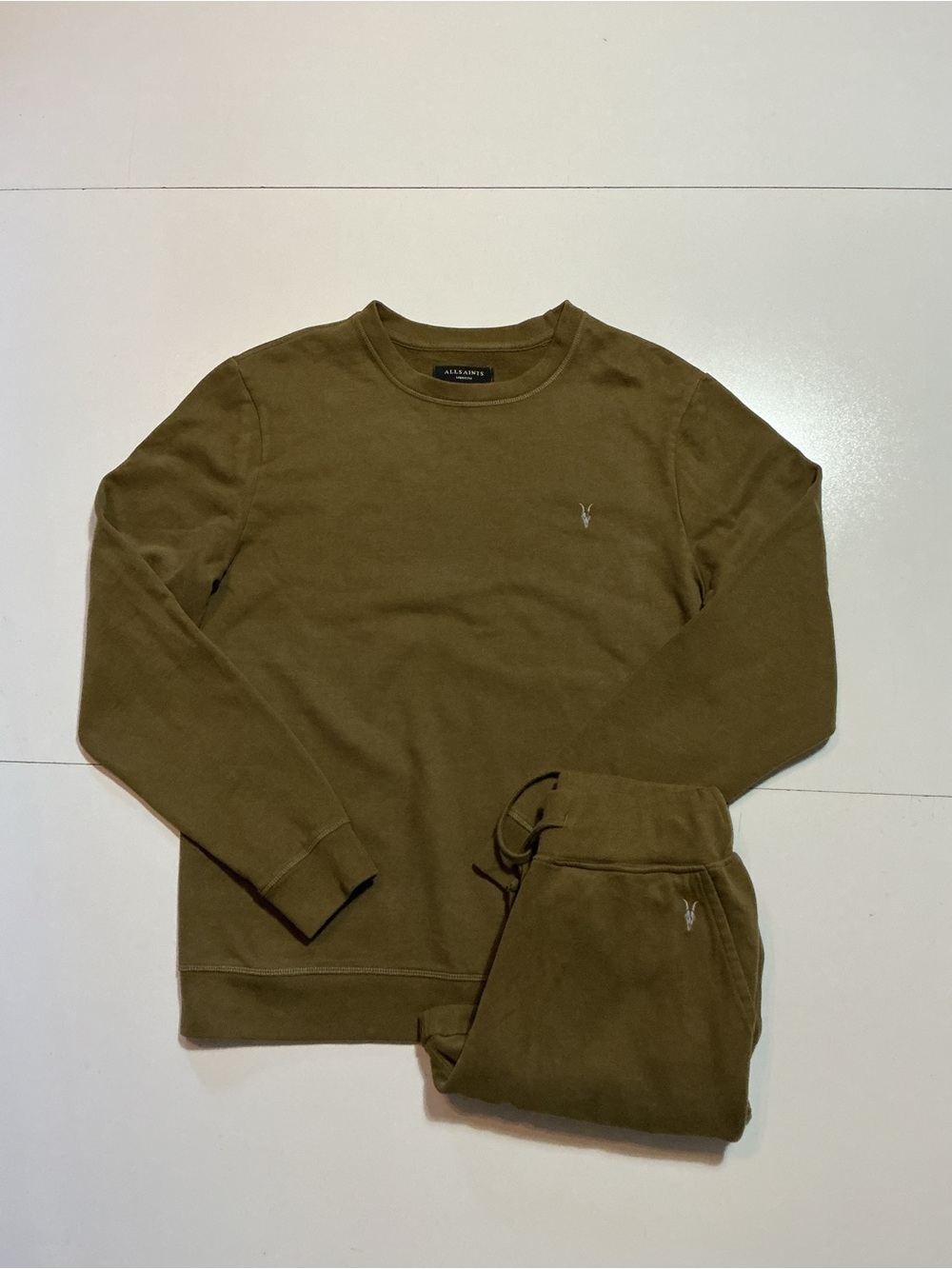 $318 Allsaints Ram Skull Olive Green Fleece Aven 2PC Set Sweatsuit